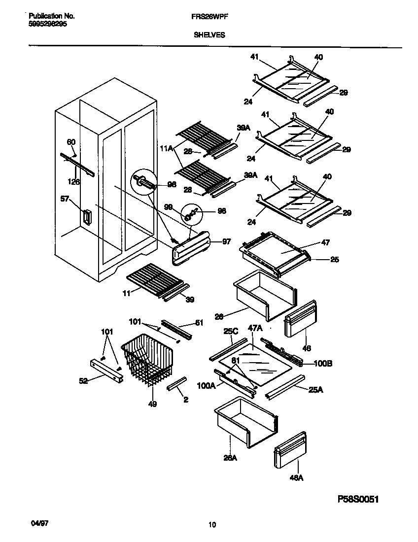 Frigidaire FRS26WPFW0 shelves diagram