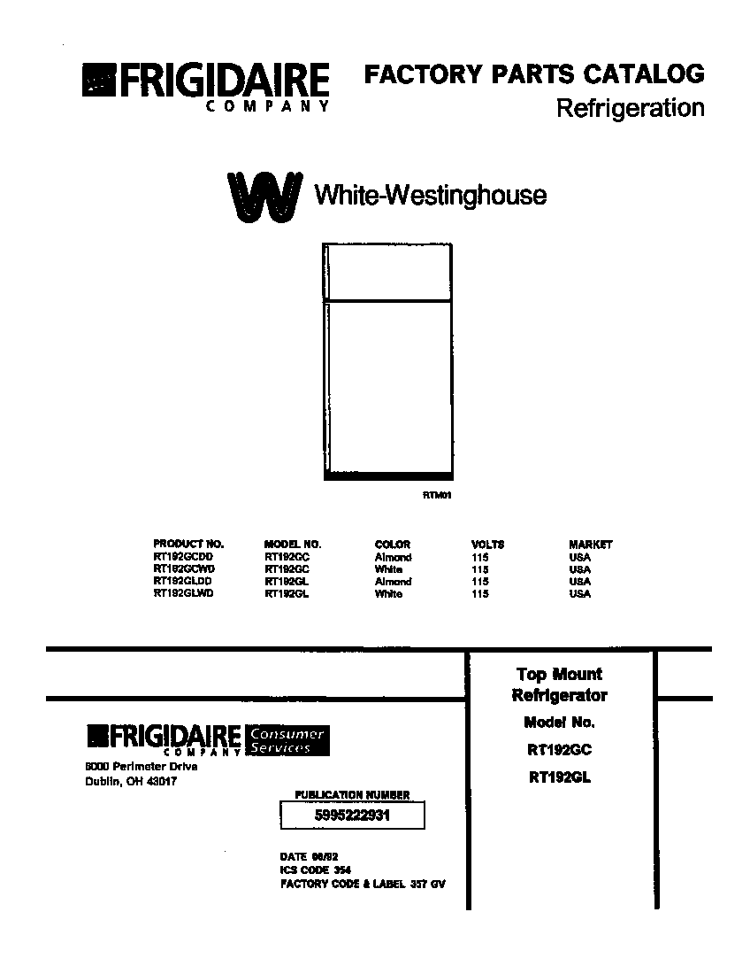 White-Westinghouse RT192GLWD cover diagram