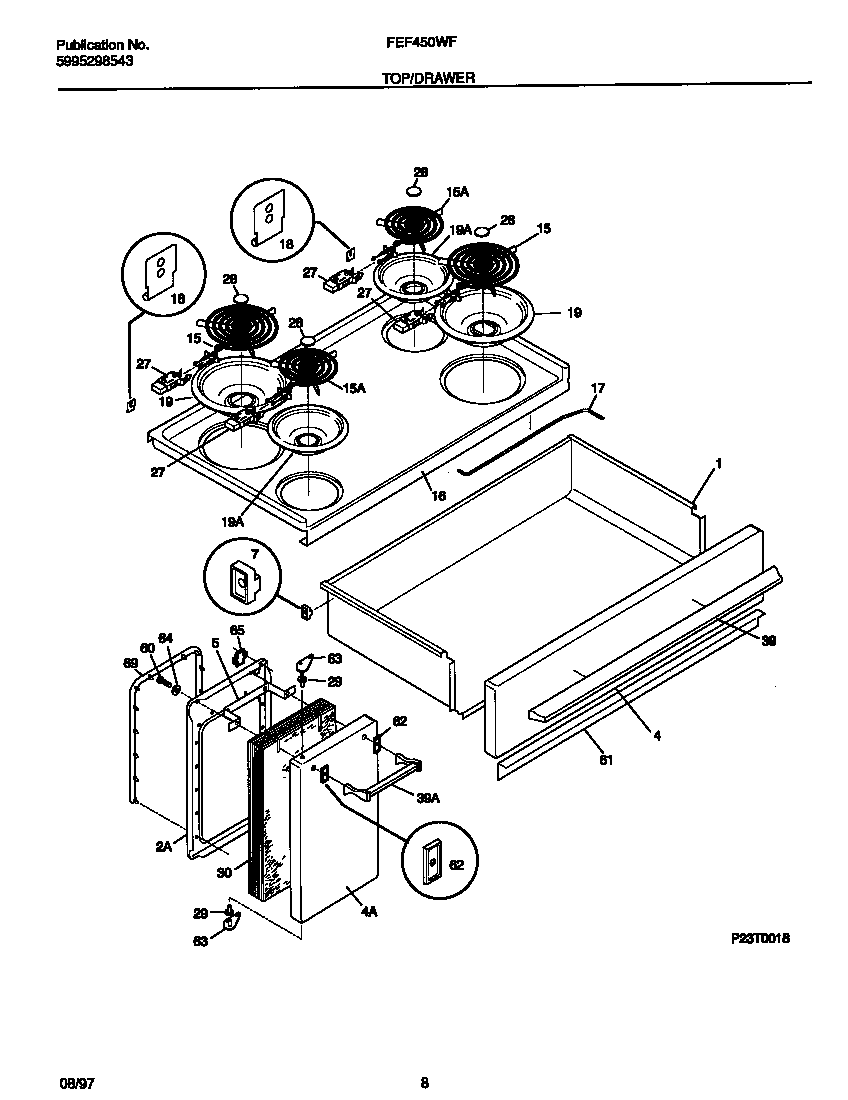 Frigidaire FEF450WFWA top/drawer diagram