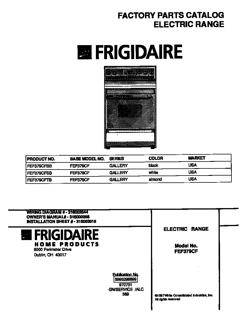Frigidaire FEF379CFTB cover diagram