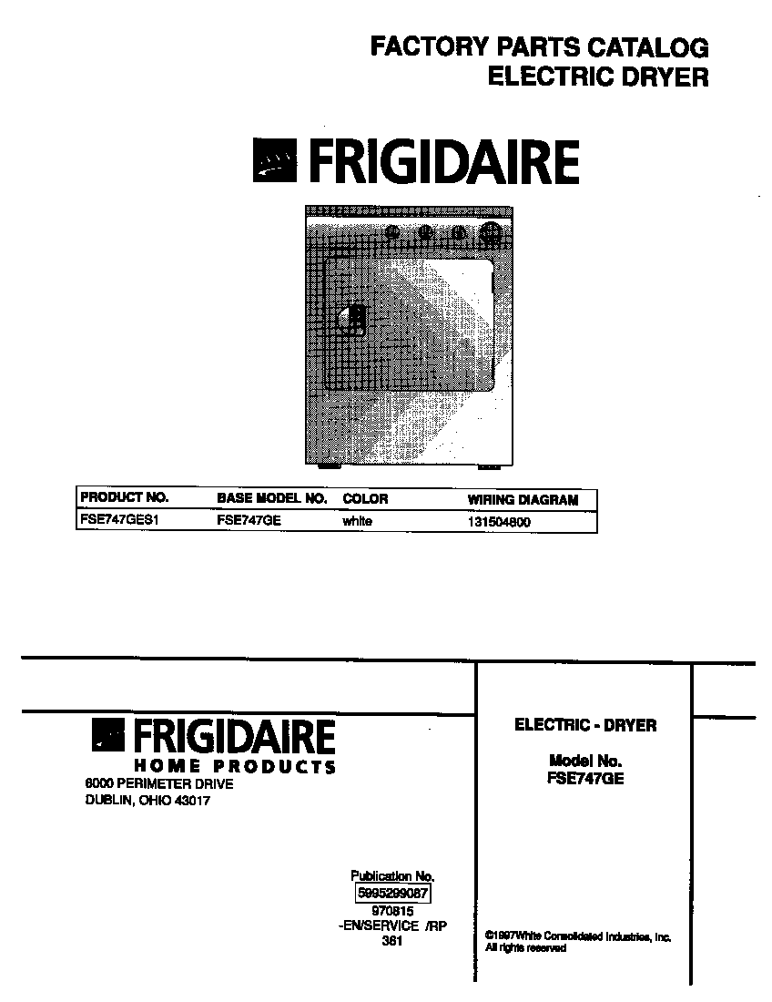 Frigidaire FSE747GES1 cover diagram