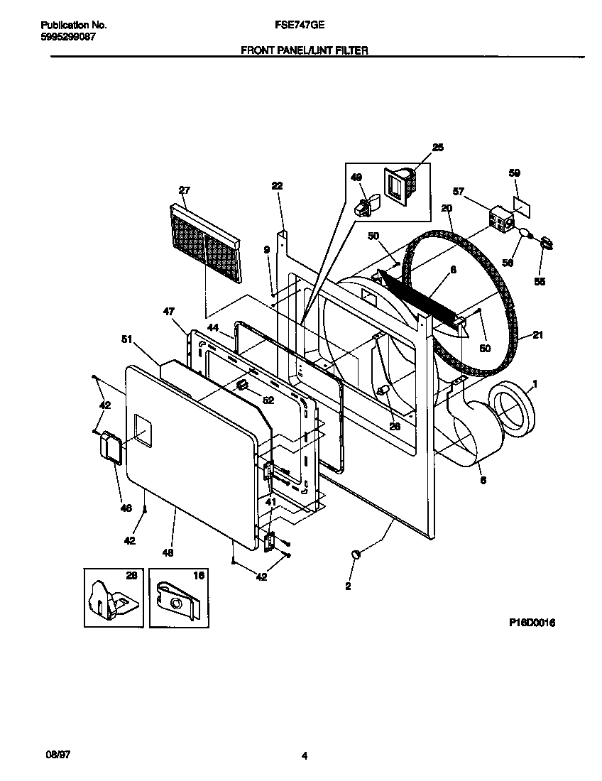 Frigidaire FSE747GES1 front panel/lint filter diagram