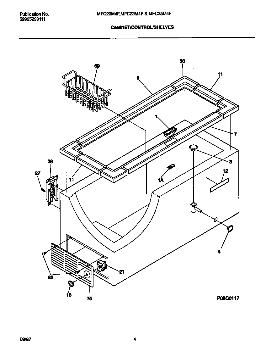 Universal/Multiflex (Frigidaire) MFC20M4FW1 cabinet/control/shelves diagram