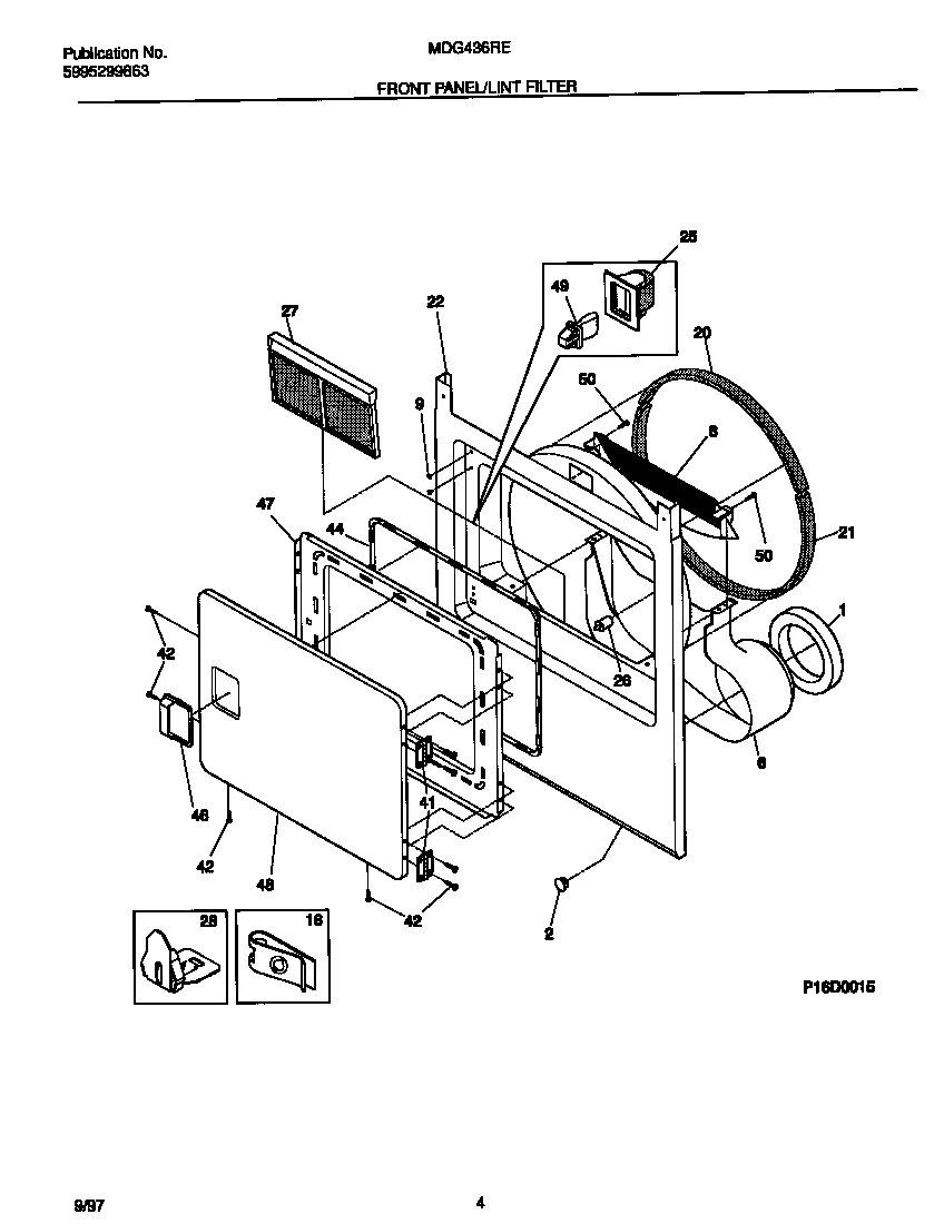 Universal/Multiflex (Frigidaire) MDG436REW1 front panel/lint filter diagram