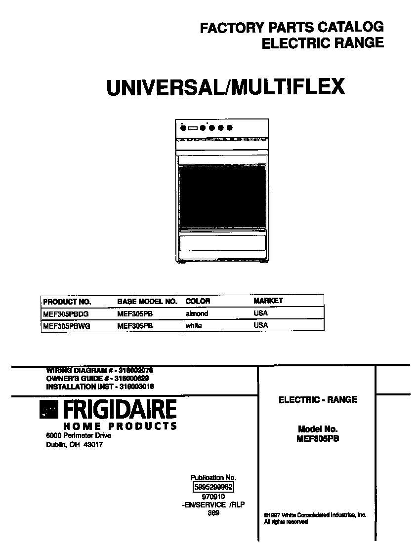 Universal/Multiflex (Frigidaire) MEF305PBWG cover diagram