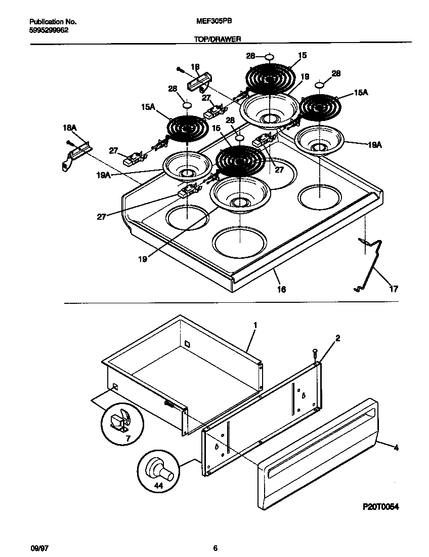 Universal/Multiflex (Frigidaire) MEF305PBWG top/drawer diagram