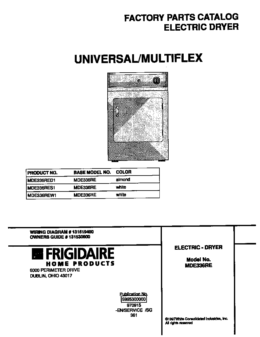 Universal/Multiflex (Frigidaire) MDE336REW1 cover diagram