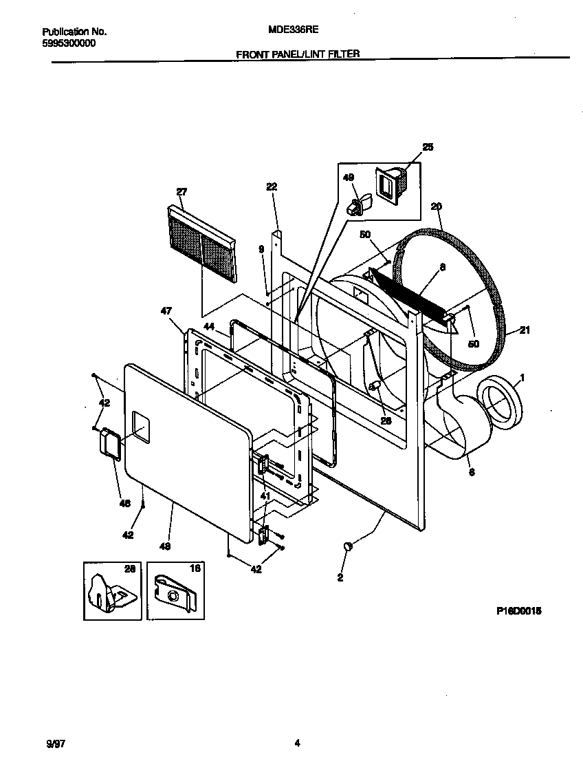 Universal/Multiflex (Frigidaire) MDE336REW1 front panel/lint filter diagram
