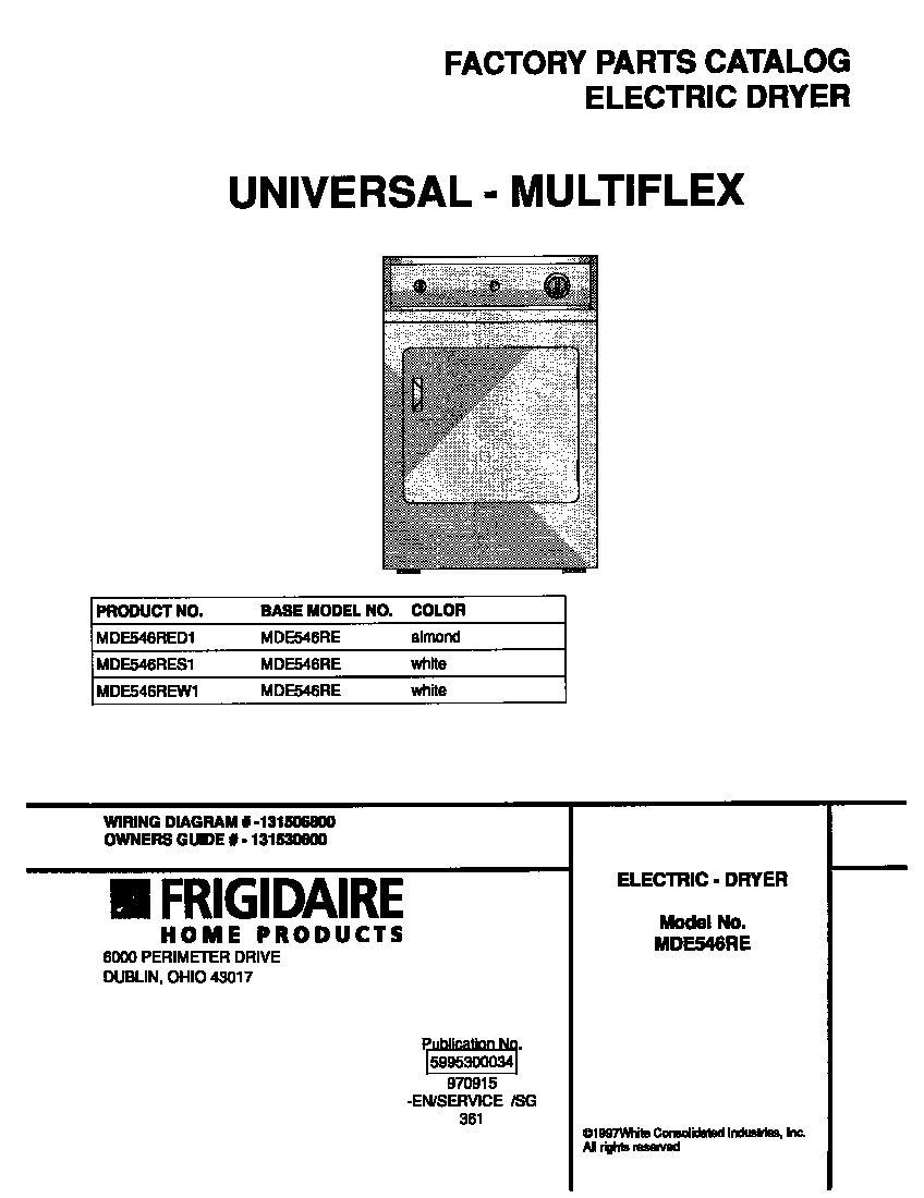 Universal/Multiflex (Frigidaire) MDE546RES1 cover diagram