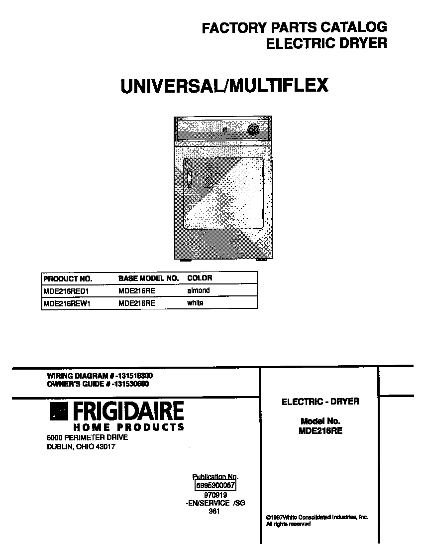 Universal/Multiflex (Frigidaire) MDE216REW1 cover diagram