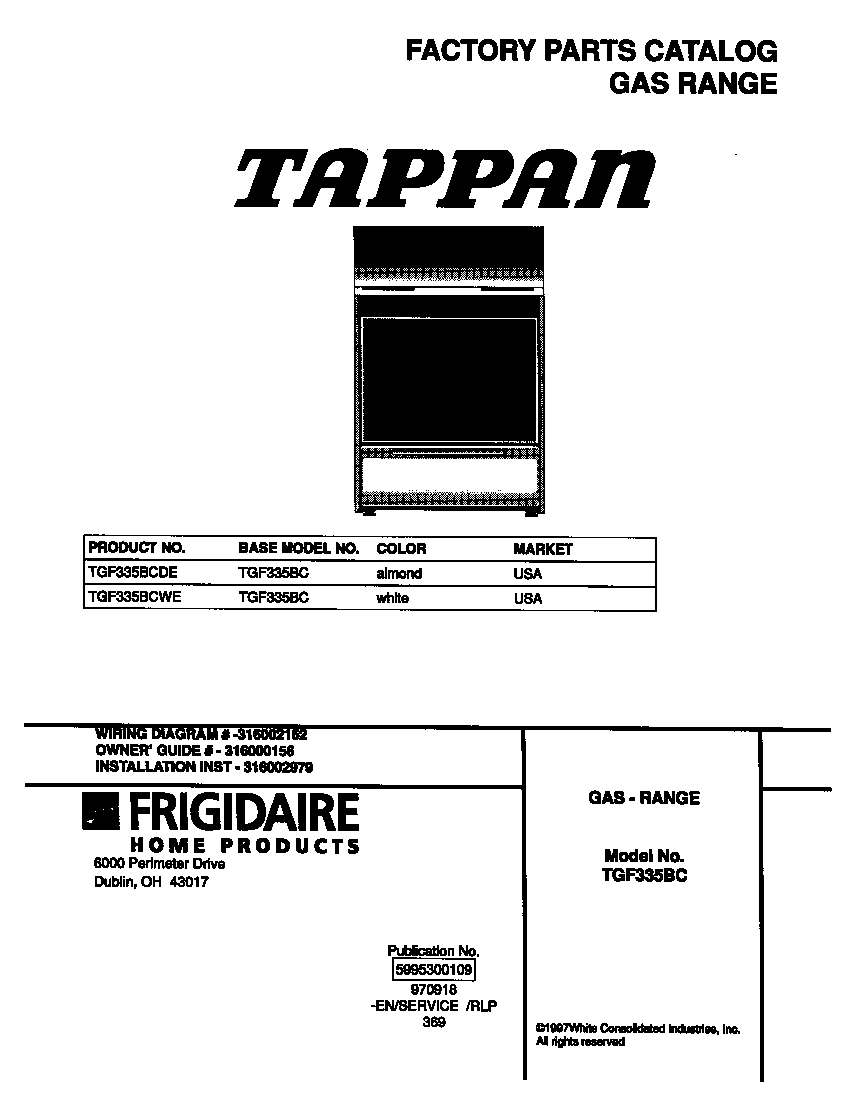 Tappan TGF335BCDE cover diagram