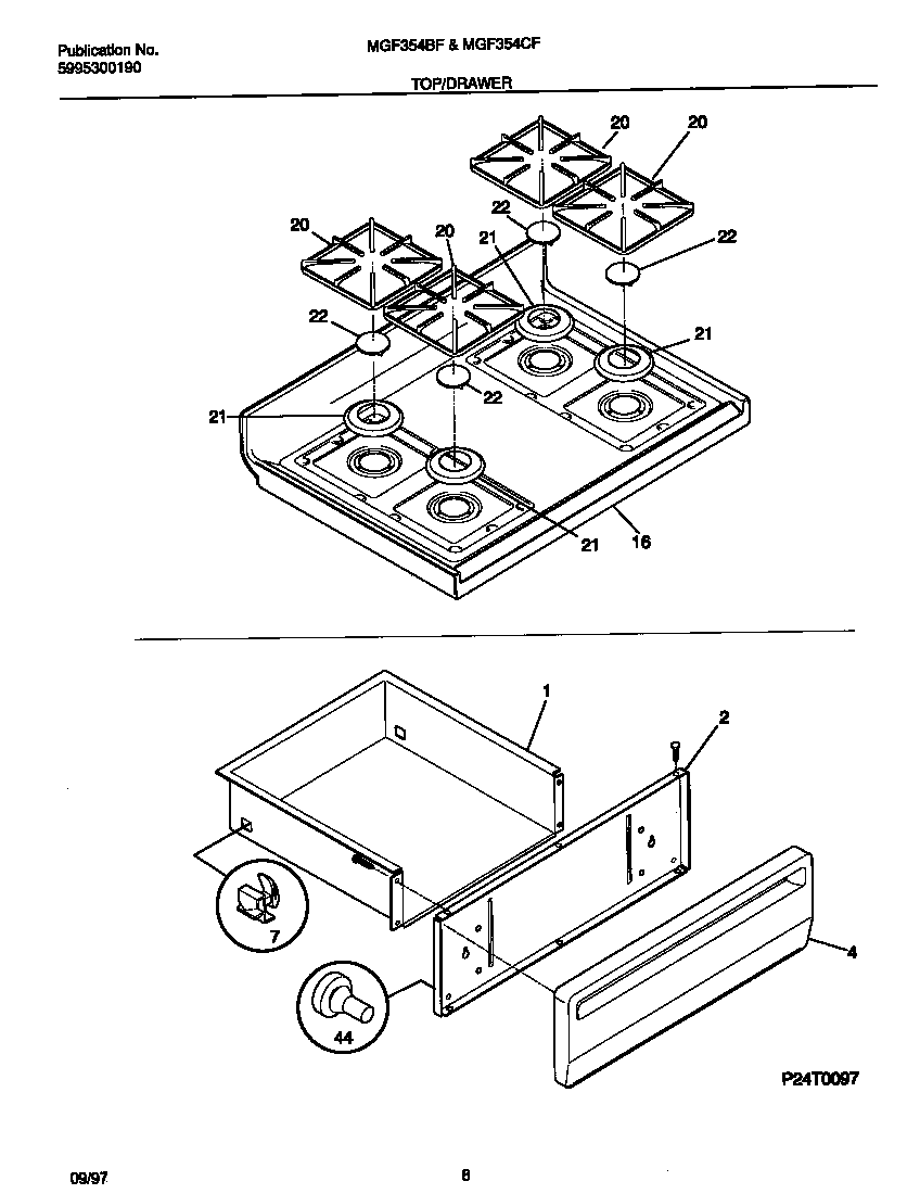 Universal/Multiflex (Frigidaire) MGF354BFDB top/drawer diagram