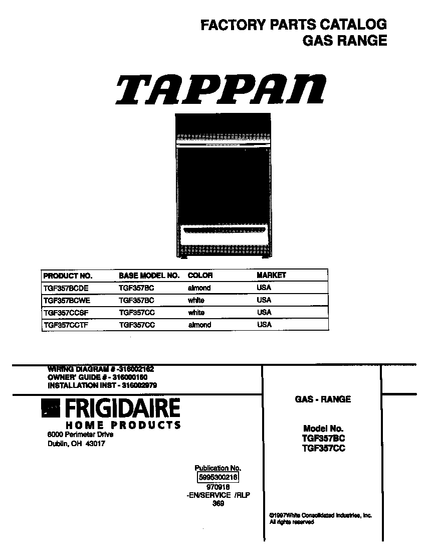 Tappan TGF357BCDE cover diagram