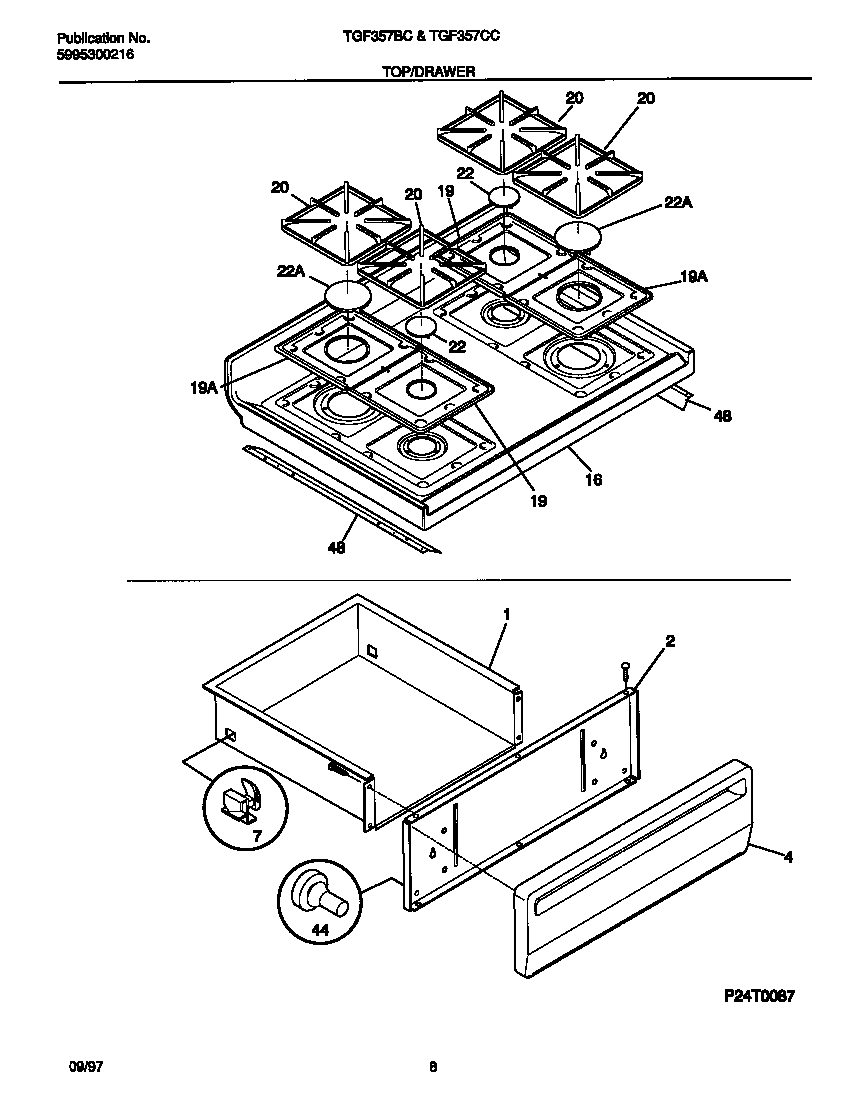 Tappan TGF357BCDE top/drawer diagram
