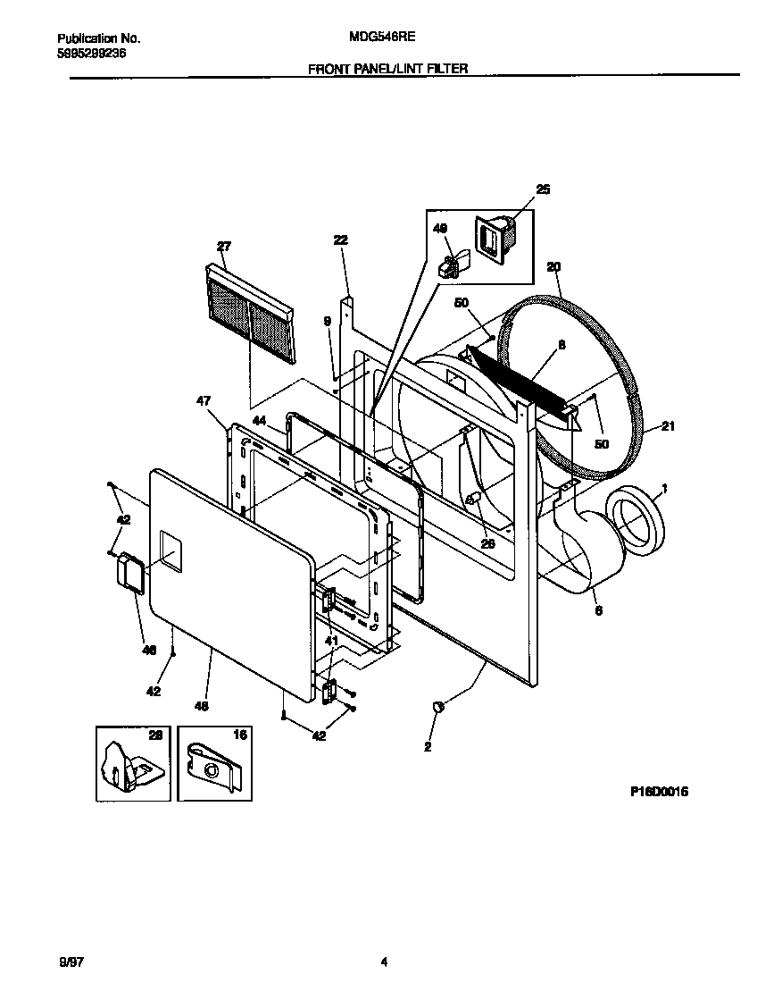 Universal/Multiflex (Frigidaire) MDG546REW1 front panel/lint filter diagram