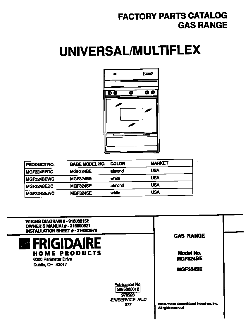 Universal/Multiflex (Frigidaire) MGF324SEWC cover diagram