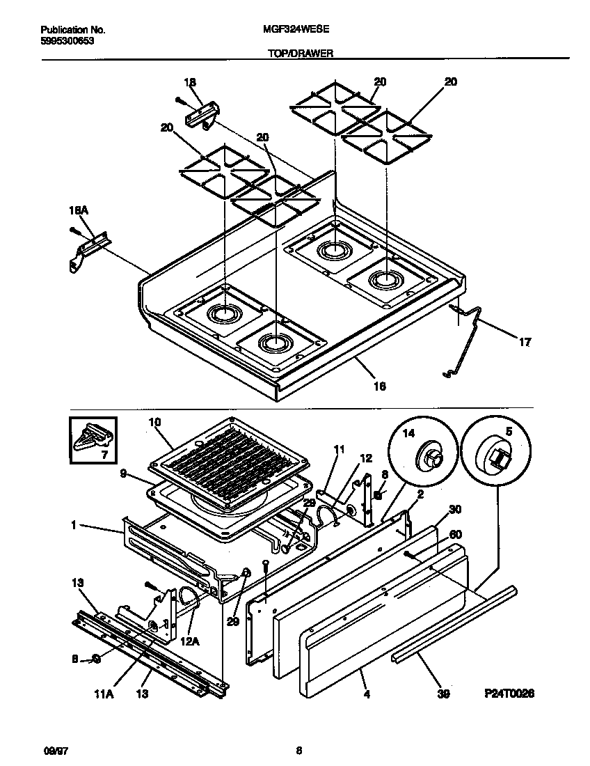 Universal/Multiflex (Frigidaire) MGF324WESE top/drawer diagram