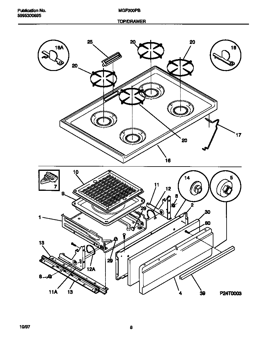 Universal/Multiflex (Frigidaire) MGF300PBWG top/drawer diagram