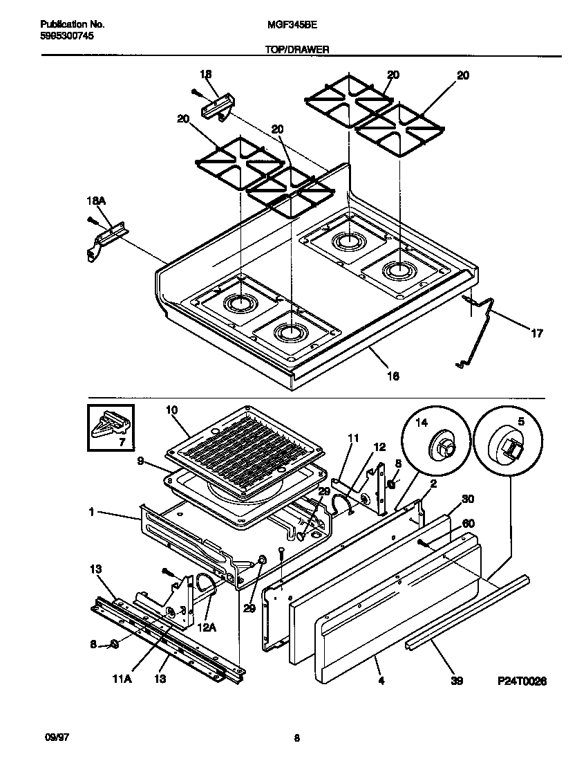 Universal/Multiflex (Frigidaire) MGF345BEDC top/drawer diagram