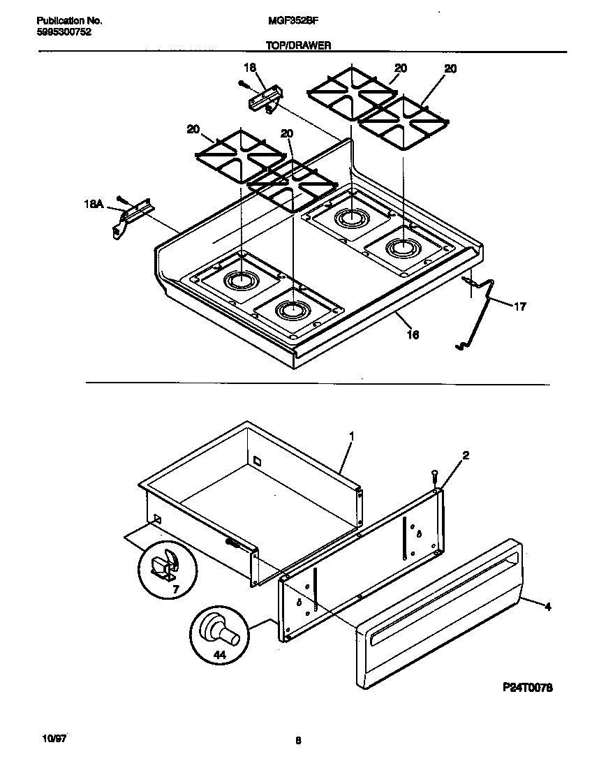 Universal/Multiflex (Frigidaire) MGF352BFDB top/drawer diagram