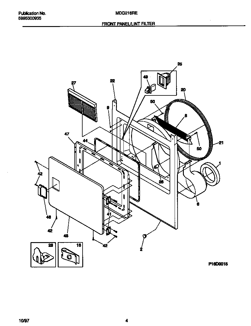 Universal/Multiflex (Frigidaire) MDG216RED1 front panel/lint filter diagram