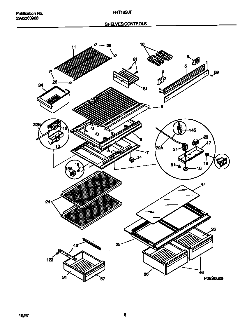 Frigidaire FRT18SJFD0 shelves/controls diagram