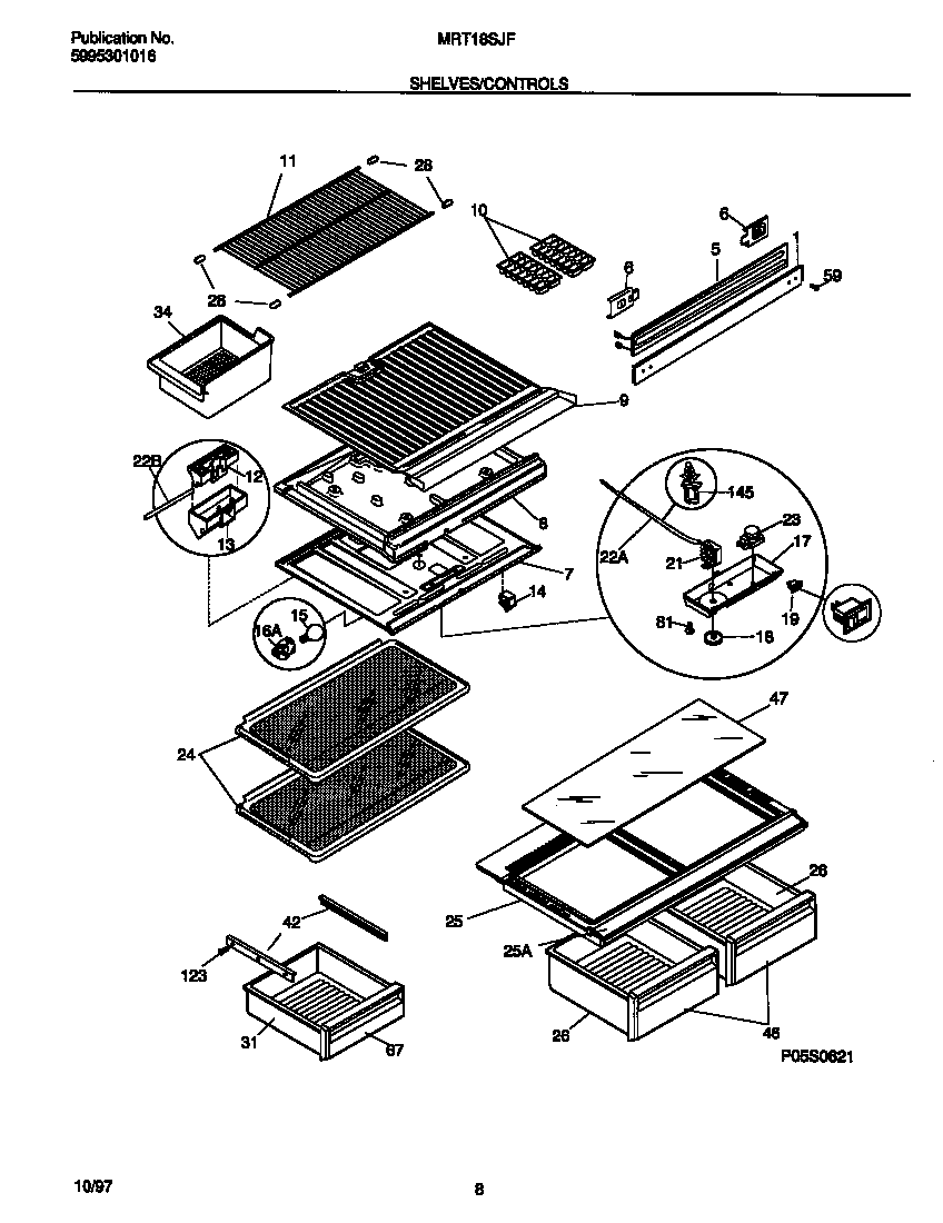 Universal/Multiflex (Frigidaire) MRT18SJFD1 shelves/controls diagram
