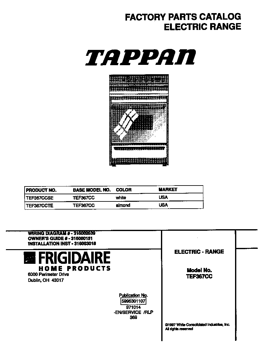 Tappan TEF367CCTE cover diagram