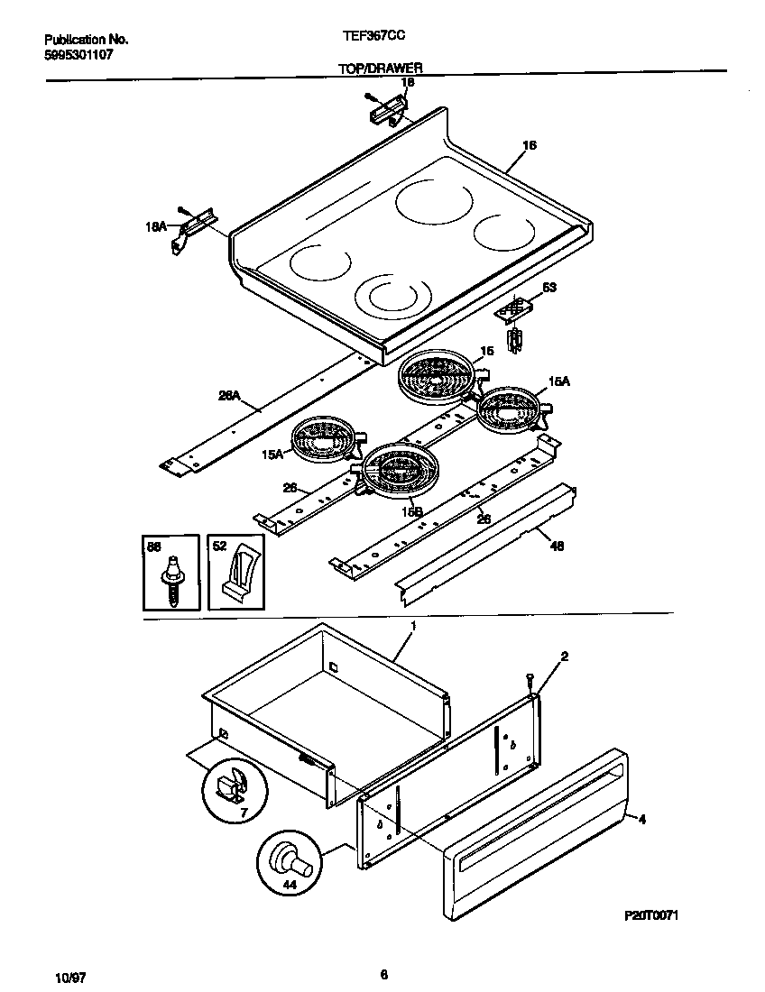 Tappan TEF367CCTE top/drawer diagram