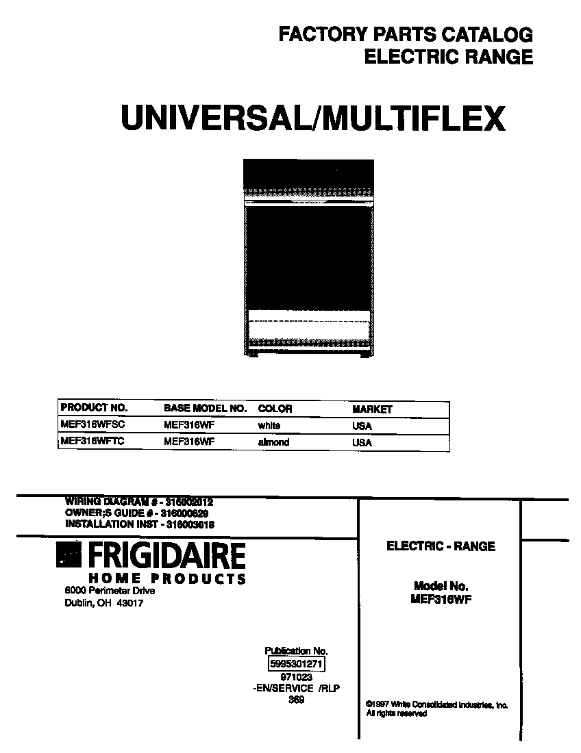 Universal/Multiflex (Frigidaire) MEF316WFSC cover diagram