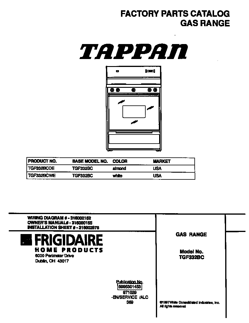 Tappan TGF332BCWE cover diagram