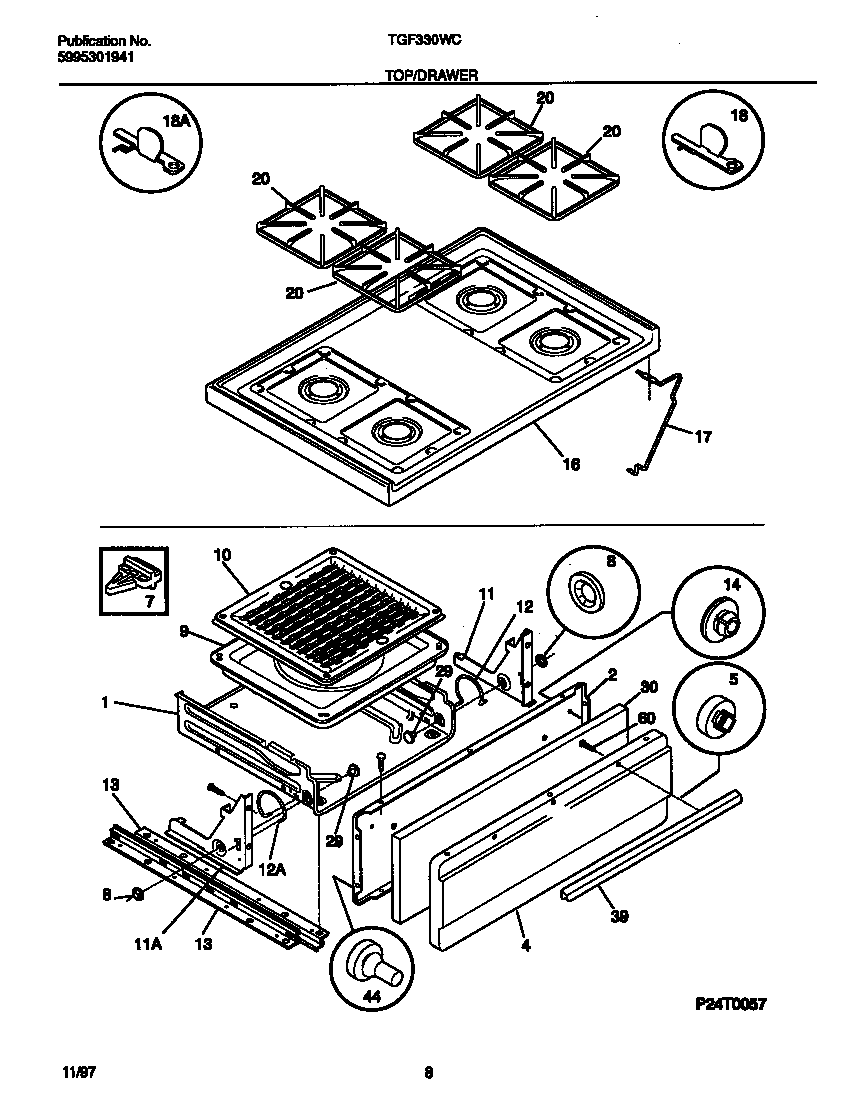 Tappan TGF330WCDE top/drawer diagram