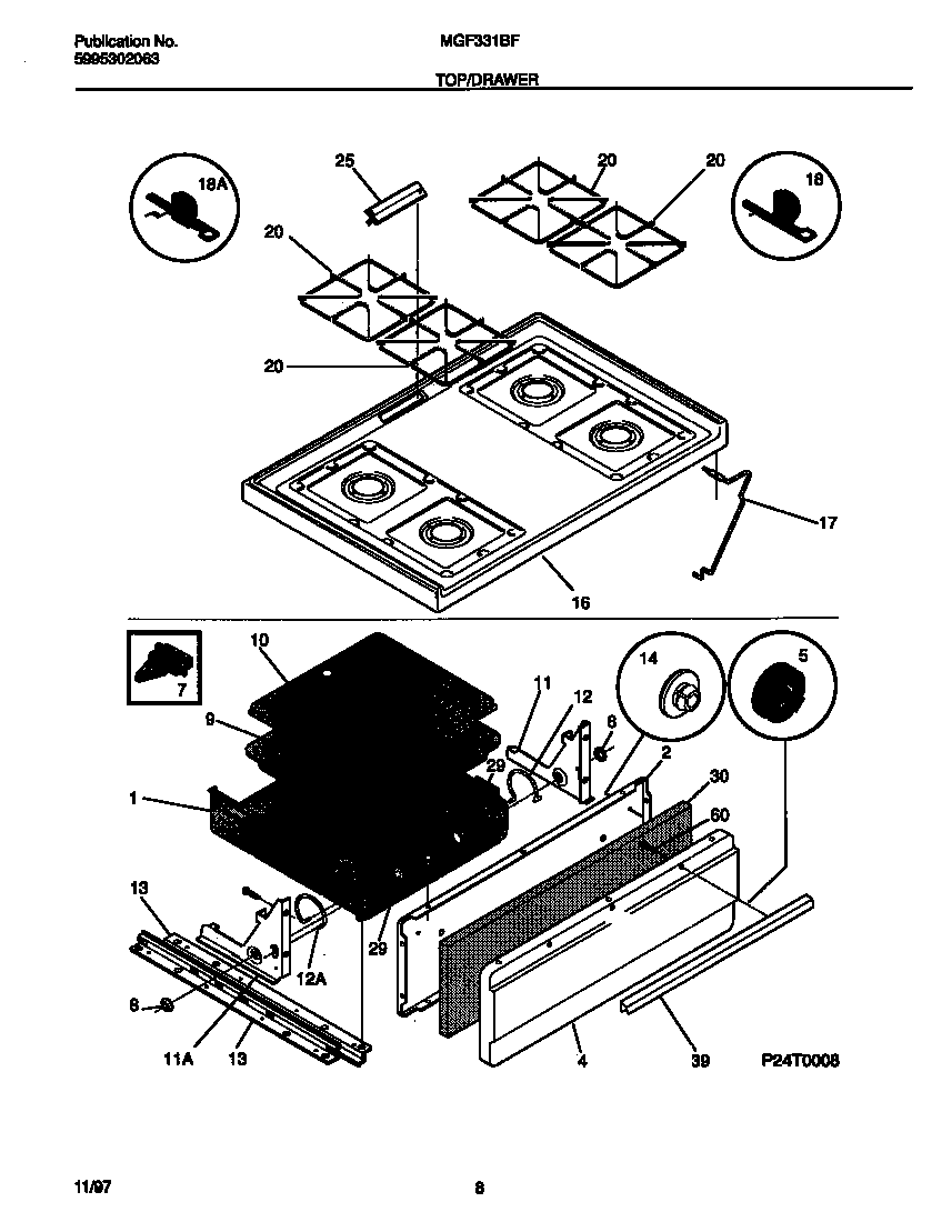 Universal/Multiflex (Frigidaire) MGF331BFDB top/drawer diagram