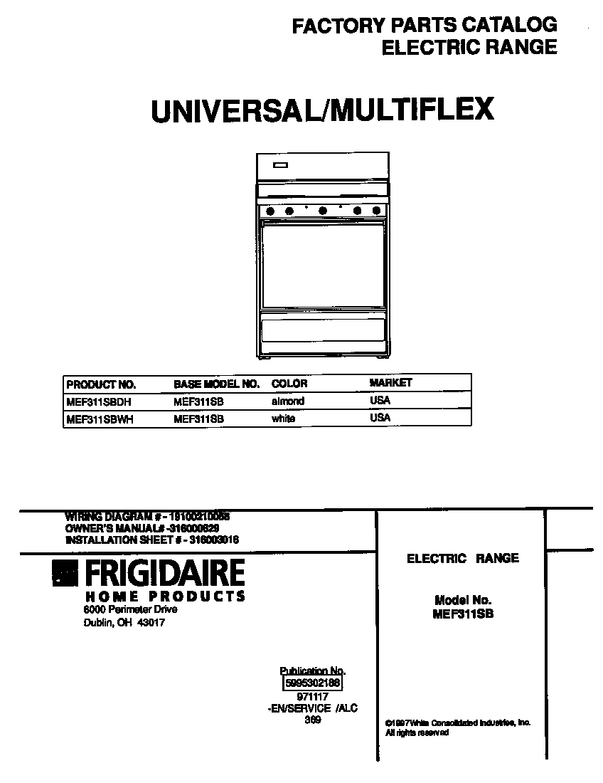 Universal/Multiflex (Frigidaire) MEF311SBDH cover diagram