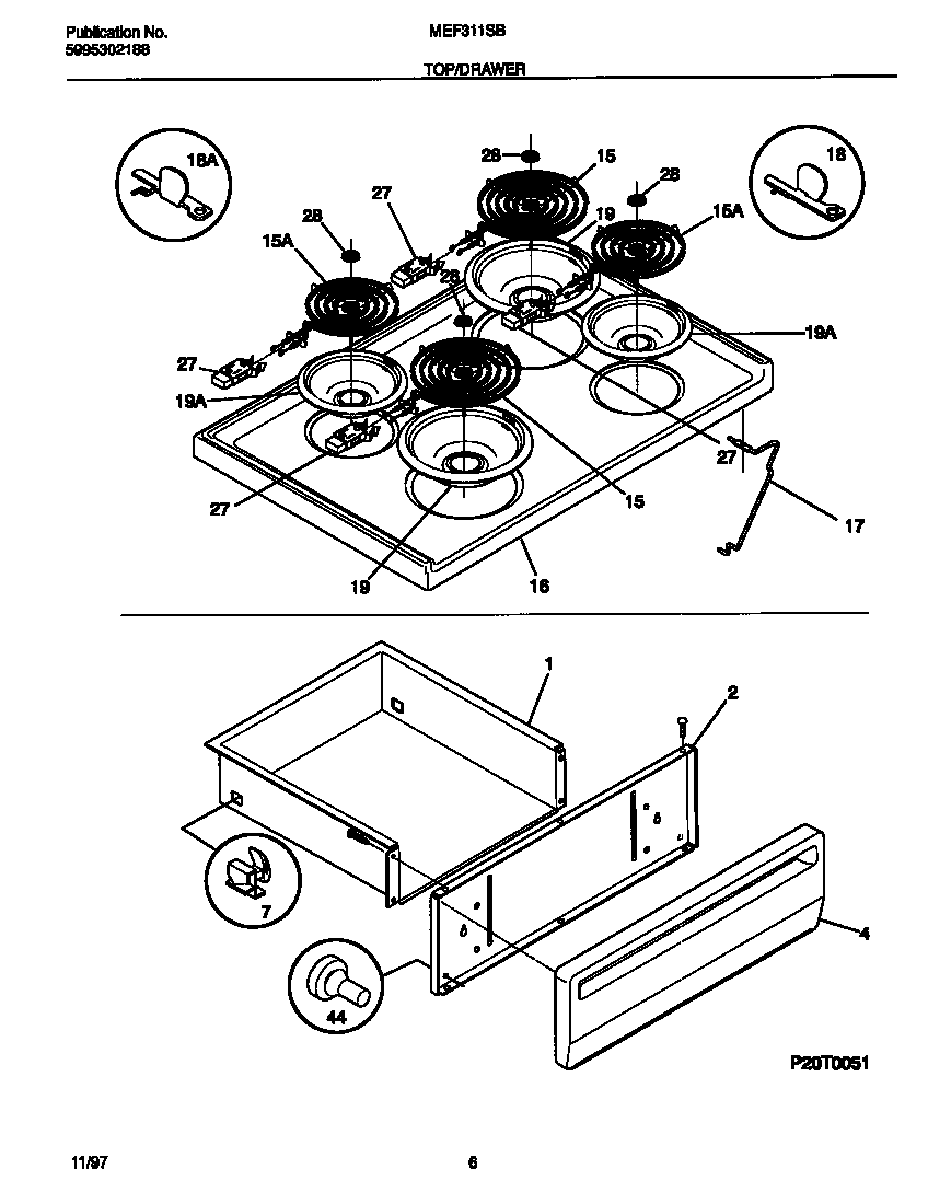 Universal/Multiflex (Frigidaire) MEF311SBDH top/drawer diagram