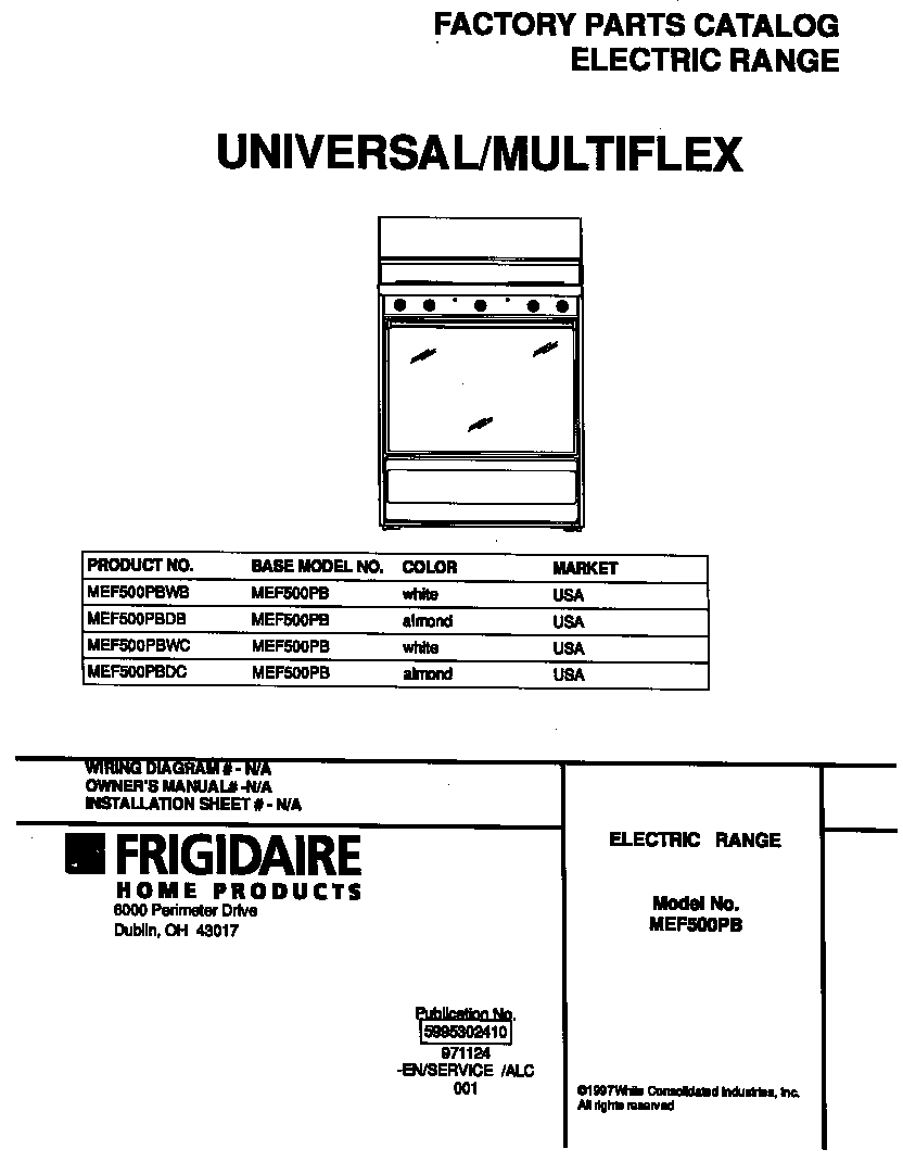 Universal/Multiflex (Frigidaire) MEF500PBDC cover diagram