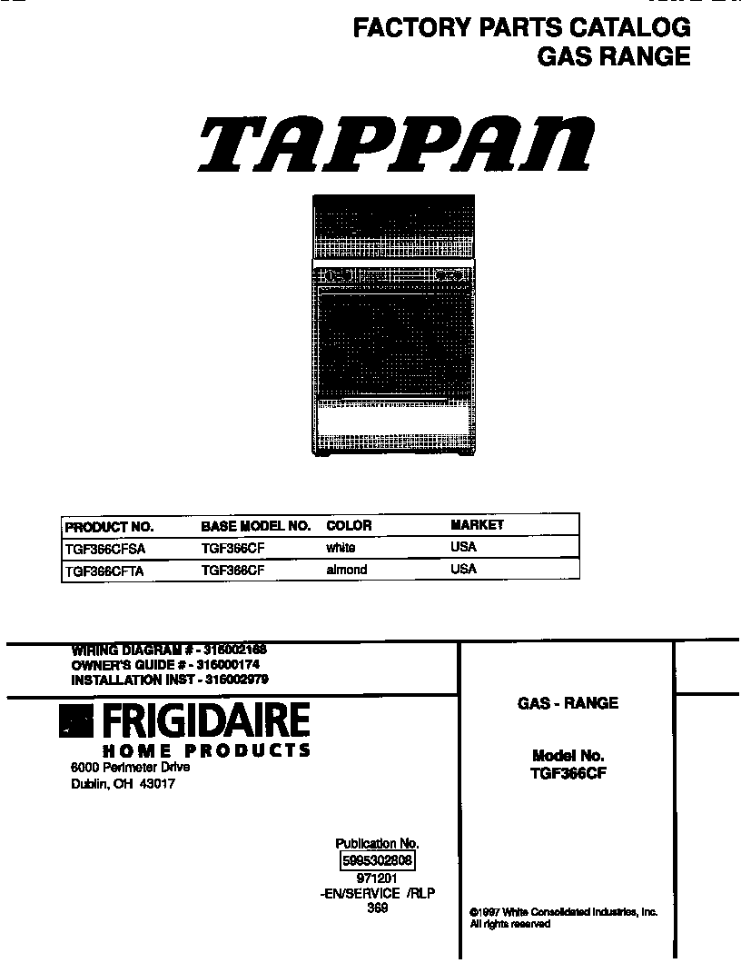 Tappan TGF366CFTA cover diagram