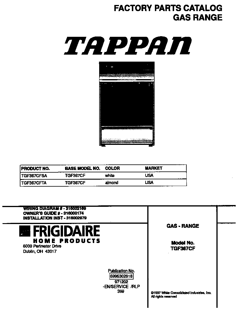 Tappan TGF367CFTA cover diagram