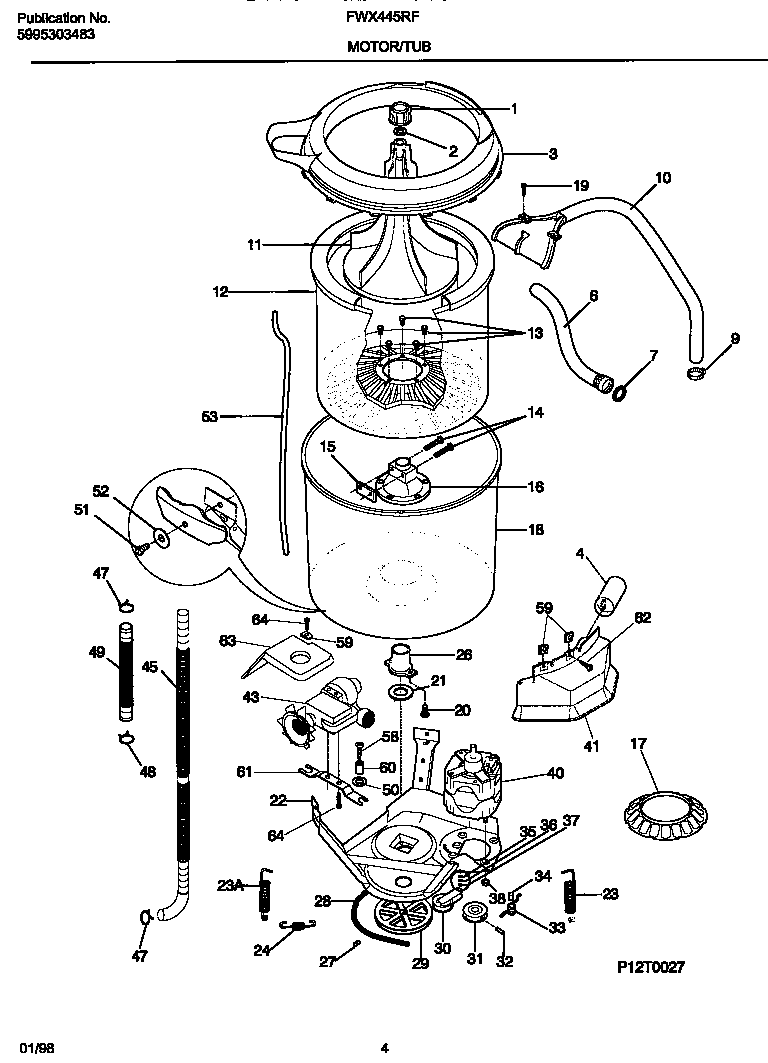 Frigidaire FWX445RFS0 motor/tub diagram