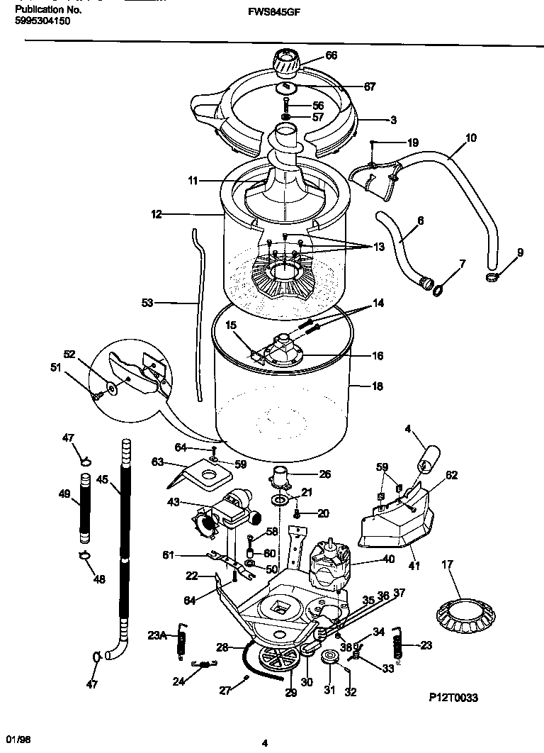 Frigidaire FWS845GFT0 motor/tub diagram