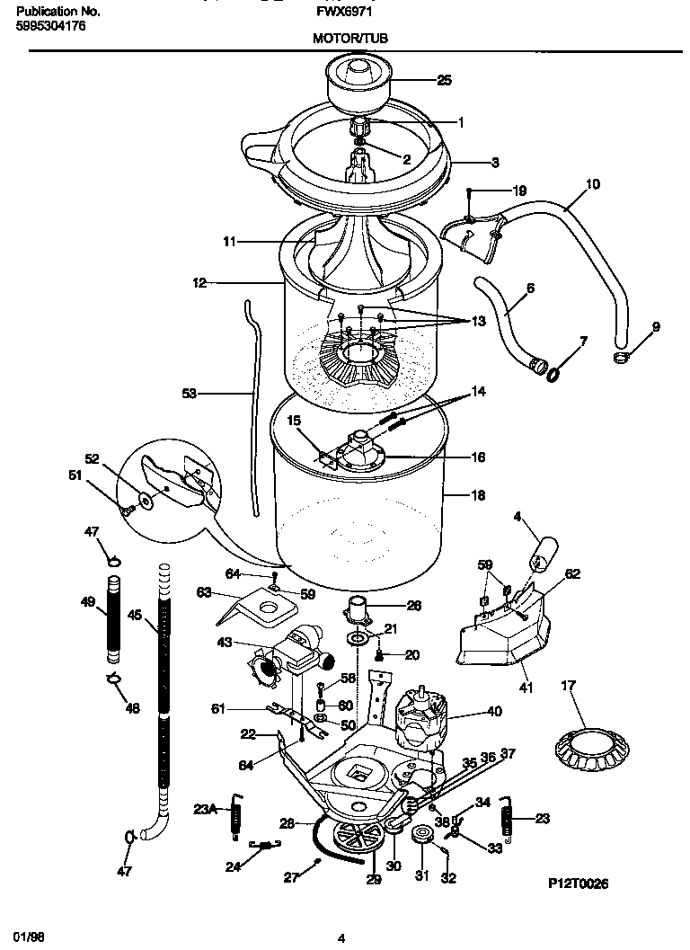 Frigidaire FWX6971EW2 motor/tub diagram