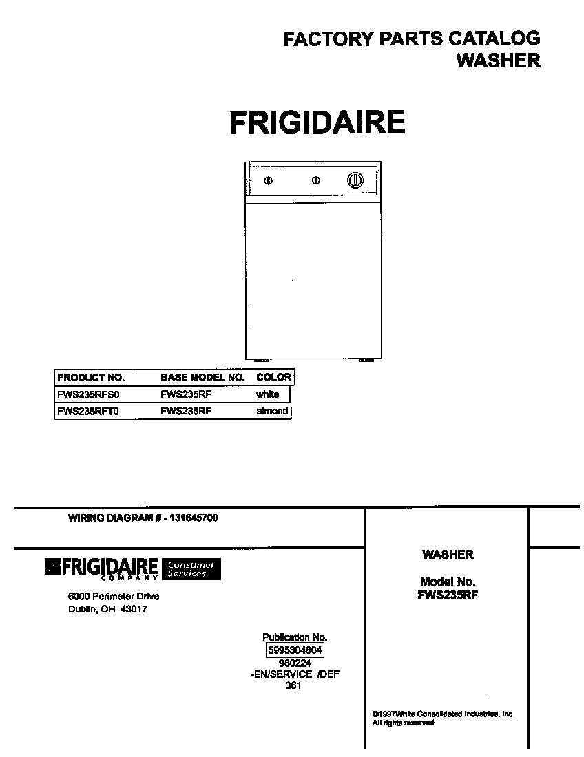 Frigidaire FWS235RFT0 cover diagram