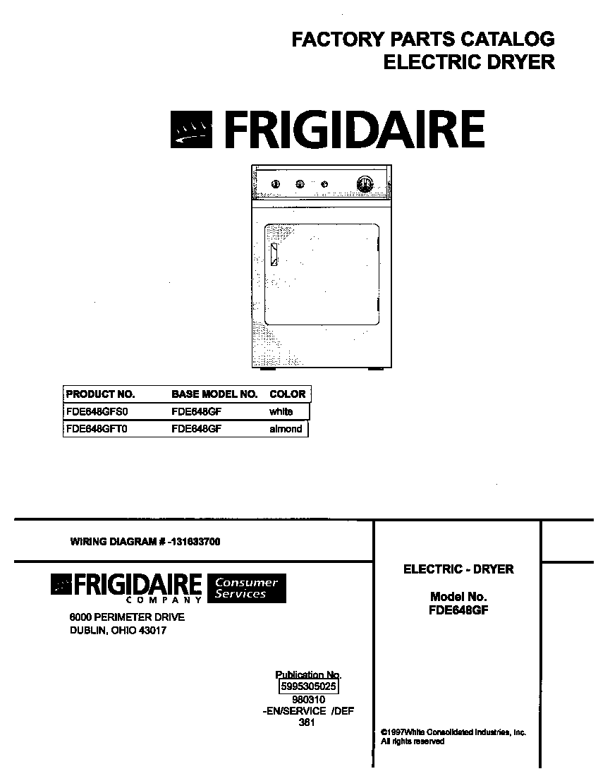 Frigidaire FDE648GFT0 cover diagram