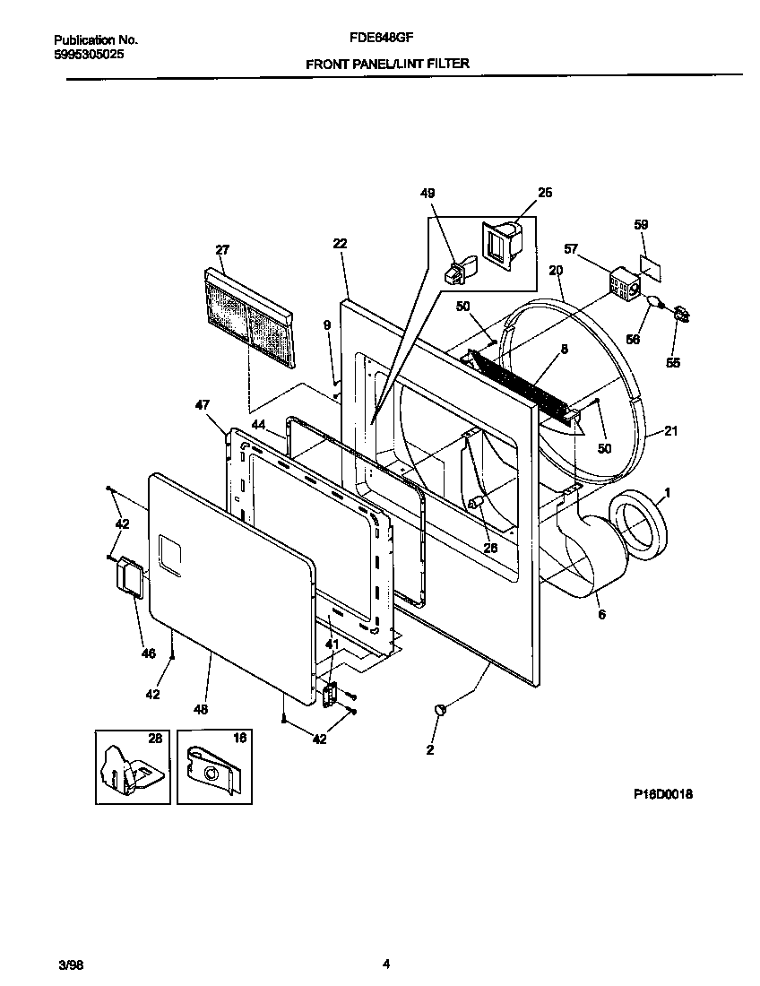 Frigidaire FDE648GFT0 front  panel/lint  filter diagram