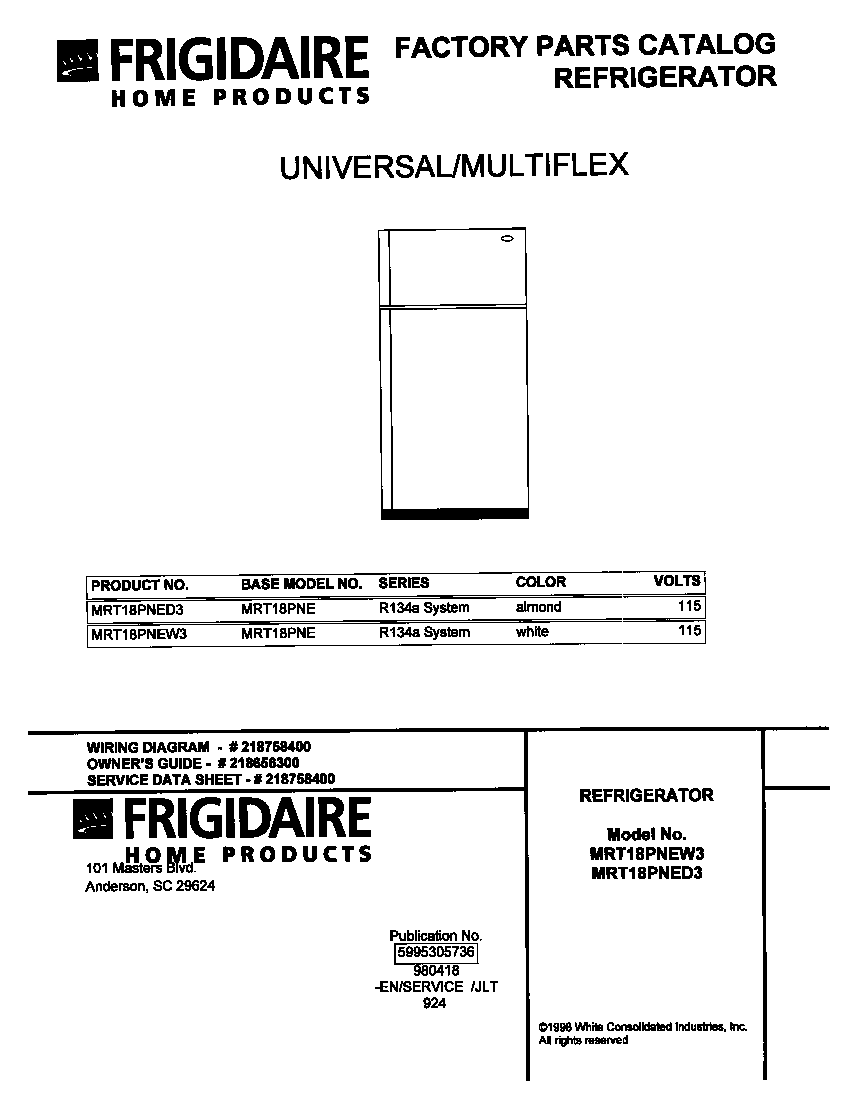 Universal/Multiflex (Frigidaire) MRT18PNEW3 cover diagram