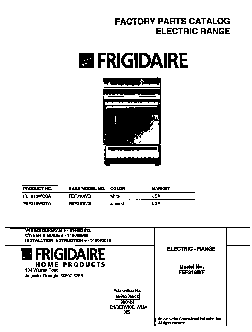 Frigidaire FEF316WGTA cover diagram