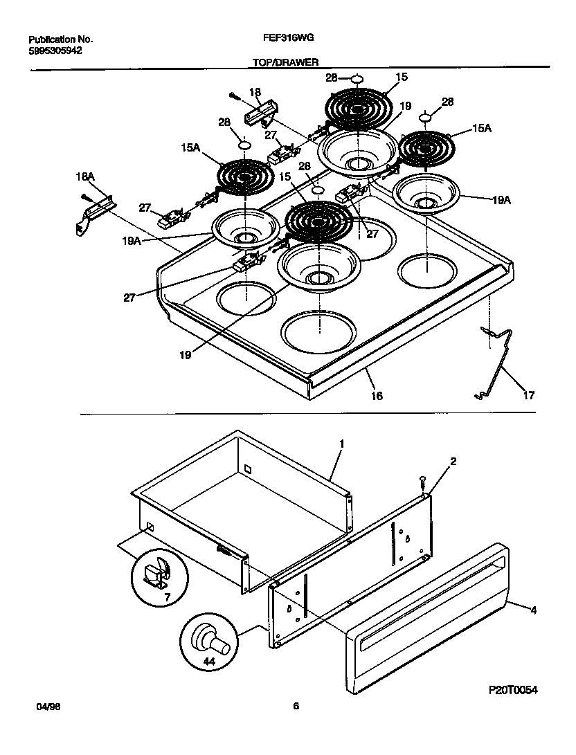 Frigidaire FEF316WGTA top/drawer diagram