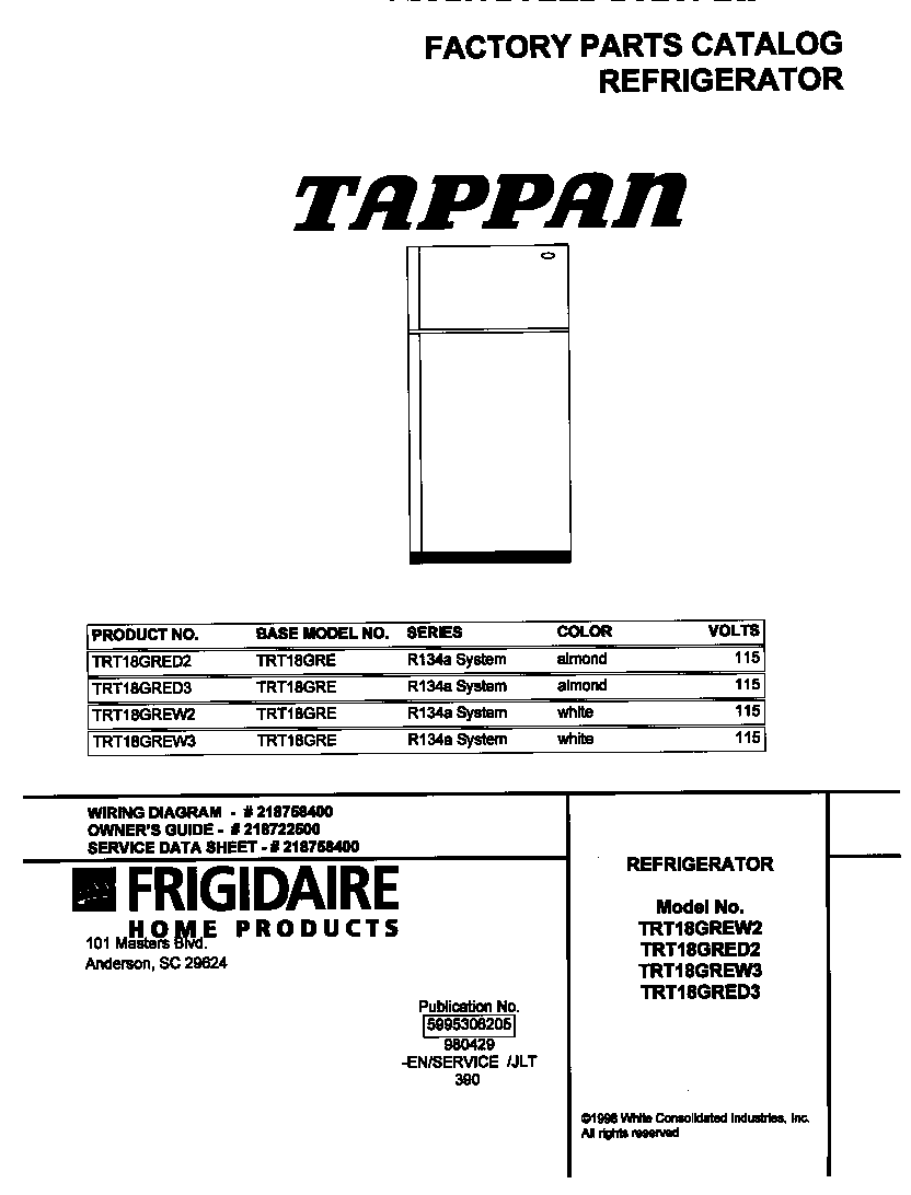 Tappan TRT18GREW3 cover diagram