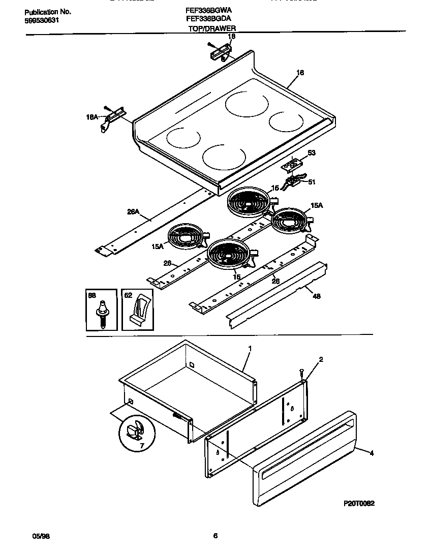 Frigidaire FEF336BGDA top/drawer diagram
