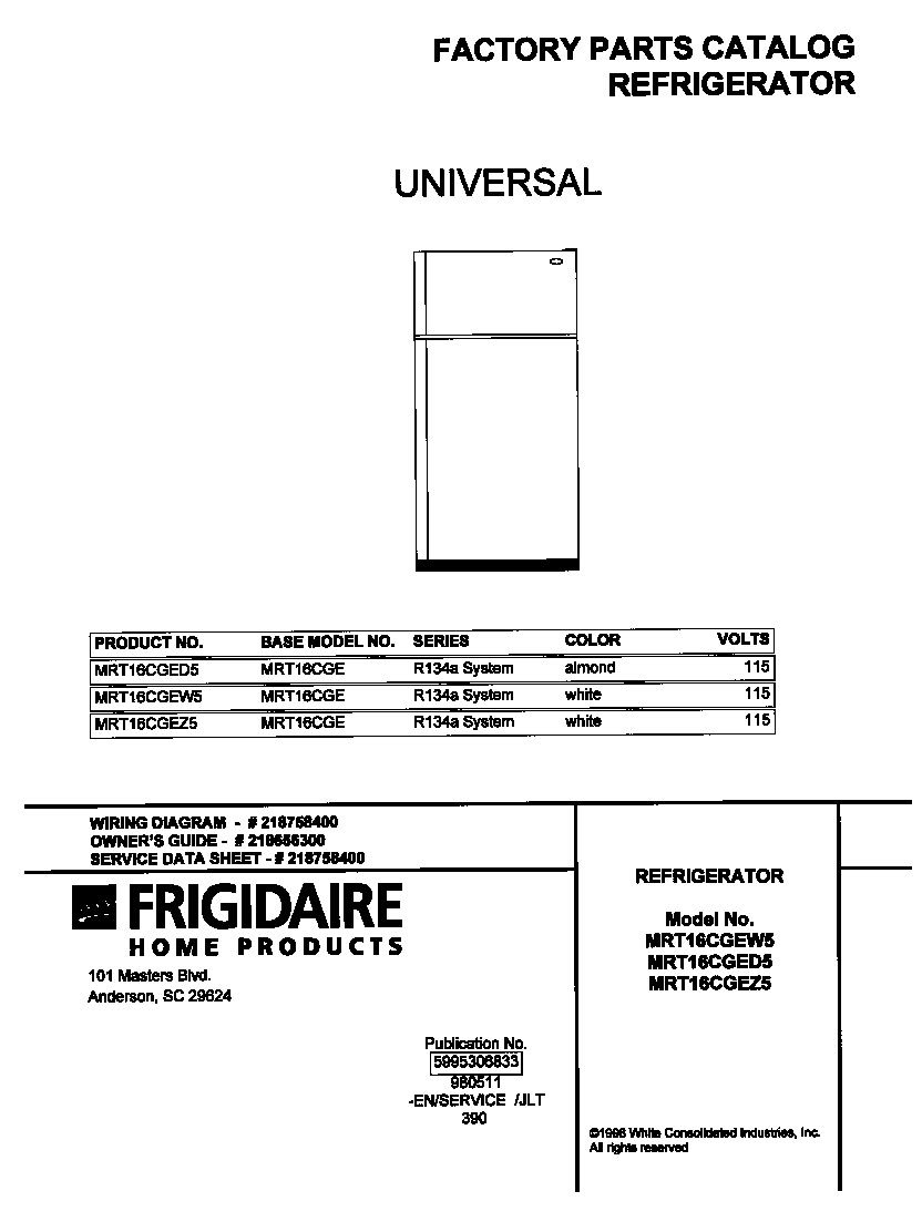 Universal/Multiflex (Frigidaire) MRT16CGEW5 cover diagram